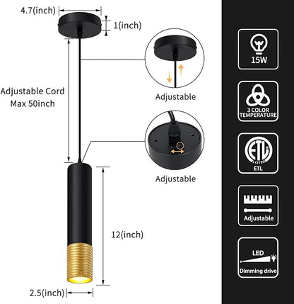 OKELI Modern Pendant Light,LED Black and Glod Pendant Lights Fixtures,3 Color Pendant Lighting for Kitchen Island, Bar,15W,2700K-6000K,ETL