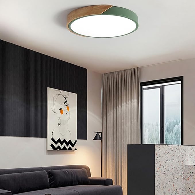 LED Ceiling Light Fixture,12 Inch Modern Wood Recessed Ceiling Lights, Dimmable Light,Green 24W Close to Ceiling Lighting Flush Mount Living Room Bedroom,3000K-6000K