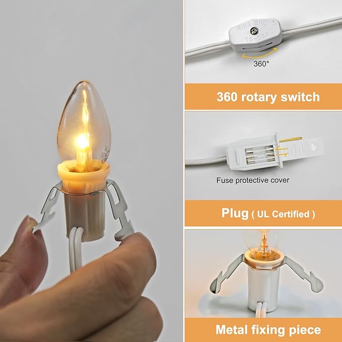 4 Pack Accessory Cord with LED Night Light Bulbs - White Cord with On/Off Switch Plugs - C7 led Bulb Warm White with Spare Fuse, for Holiday Decoration and Craft Village House Decoration