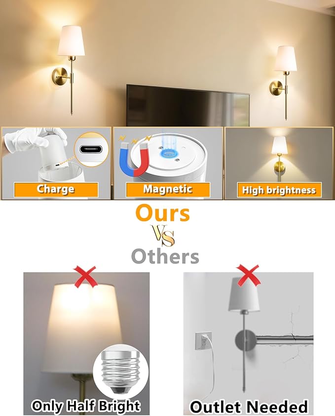 Adetu Battery Operated Wall Sconce Set of 2, Gold Wireless Battery Wall Lights with 10000mAh RGB Dimmable Magnetic Bulbs and Remote Control, Rechargeable Wall Sconce for Bedroom Living Room Hallway