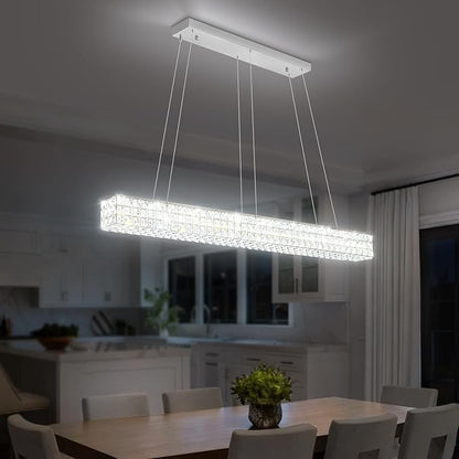 ykolupty W48 Modern Rectangular Crystal Chandeliers Dining Room Chandelier,Silver Pendant Light Fixture with Remote Control for Living Room Kitchen Island
