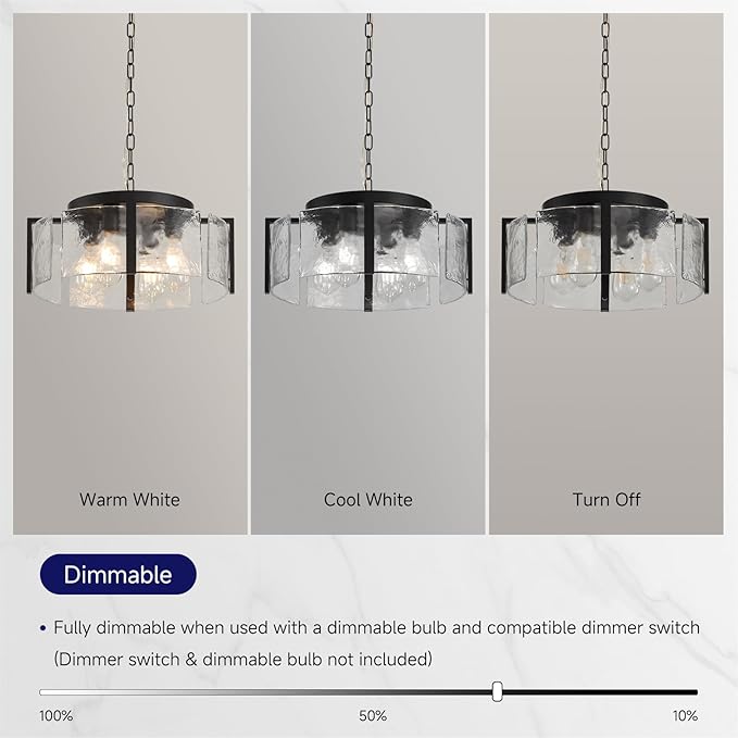 Modern Black Chandeliers for Dining Room: 17.7'' Drum Textured Glass Foyer Chandelier - Vintage Farmhouse kitchen Chandeliers Over Table - Rustic Hanging Light Fixture for Bedroom Living Room Entryway