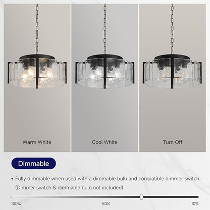 Modern Black Chandeliers for Dining Room: 17.7'' Drum Textured Glass Foyer Chandelier - Vintage Farmhouse kitchen Chandeliers Over Table - Rustic Hanging Light Fixture for Bedroom Living Room Entryway