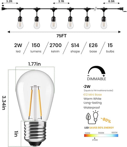 Svater 75 FT Outdoor String Lights 2W, Patio Light for Outside with 26 Antique S14 Plastic LED Bulbs, IP65 Waterproof Hanging Cafe Market Lighting, ETL-Listed Dimmable Warm White