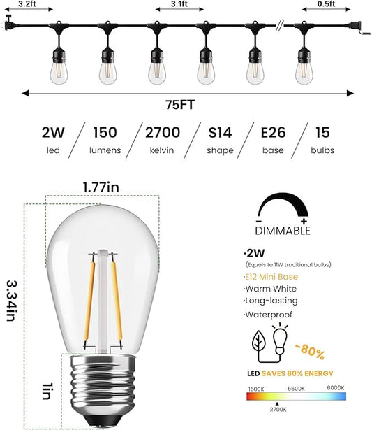 Svater 75 FT Outdoor String Lights 2W, Patio Light for Outside with 26 Antique S14 Plastic LED Bulbs, IP65 Waterproof Hanging Cafe Market Lighting, ETL-Listed Dimmable Warm White