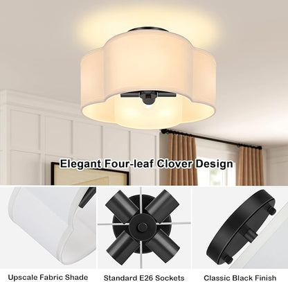 4-Light 14.4'' Semi Flush Mount Ceiling Light Fixture, Black Modern Close to Ceiling Lamp with White Fabric Shade, Farmhouse Bright Lighting for Nursery Kids Room Bedroom Hallway Entryway