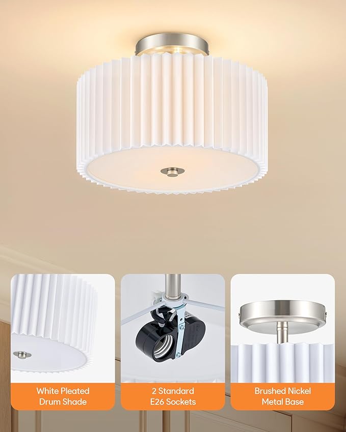 VONLUCE Semi-Flush Mount Ceiling Light, 12.2" Modern 2-Light Ceiling Light Fixture with White Pleated Drum Shade 2 E26 Sockets for Bedroom Entryway Living Room, Nickel Finish, ETL Certificated