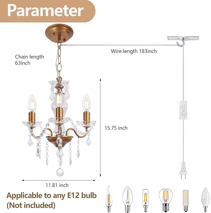 Plug in Chandelier with Glass Crystals, 3-Light Vintage Gold Miniature Crystal Chandelier, Modern Pendant Light for Small Spaces, Bedroom Kitchen Island Entryway Covered Patio, E12 Base