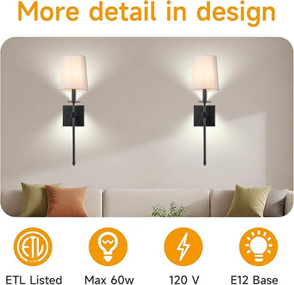 Wall Sconces Sets of 2, Retro Industrial Wall Lamps, Hardwired Bathroom Vanity Sconces Wall Lighting with White Fabric Shade, Indoor Wall Lights for Bedroom Living Room Corridor Black