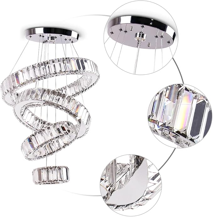 Modern Crystal Chandelier 4 Rings LED Pendant Light Adjustable High Chandeliers Ceiling Light for Bedroom Living Room Dining Room Warm White