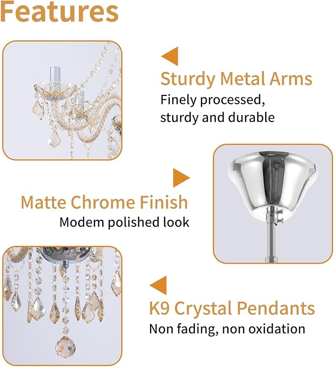 Crystal Chandeliers for Dining Room, 6-Lights Classic Cognac Pendant Light K9 Vintage Chandelier for Bedroom, Candle Ceiling Light Fixture Cognac Chandelier for Living Room Wedding Decor