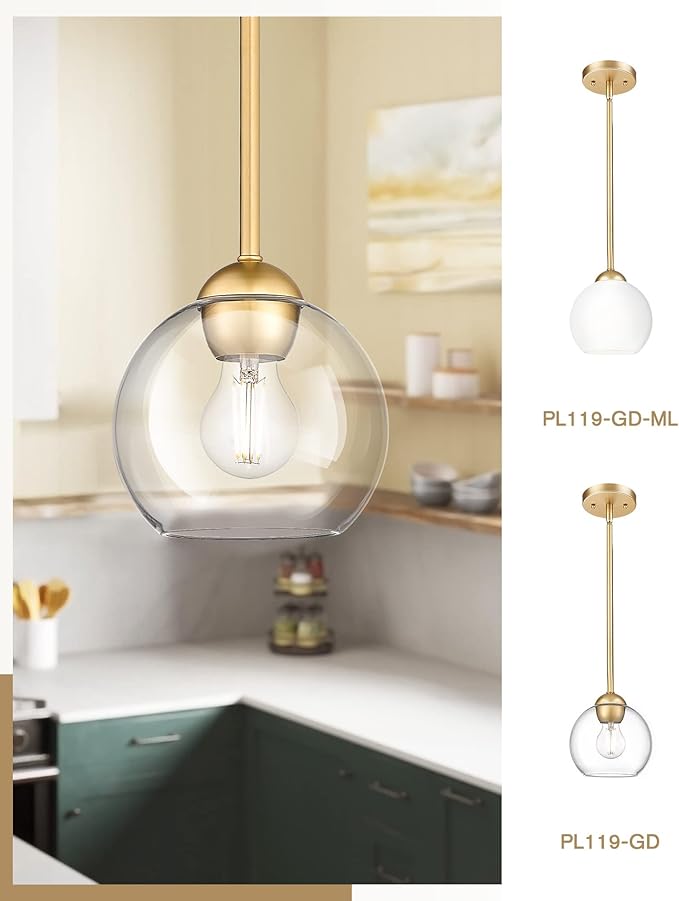 Emak Modern 7 Inch Globe Pendant Lights, Industrial Gold Pendant Light Fixtures, 1-Light Hanging Lights with Clear Glass Shade for Kitchen Island, Bedroom, Bathroom, Dining Room, Hallway, PL119-GD