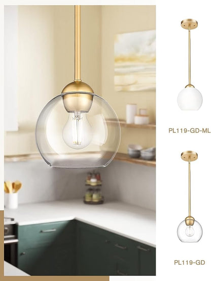 Emak Modern 7 Inch Globe Pendant Lights, Industrial Gold Pendant Light Fixtures, 1-Light Hanging Lights with Clear Glass Shade for Kitchen Island, Bedroom, Bathroom, Dining Room, Hallway, PL119-GD