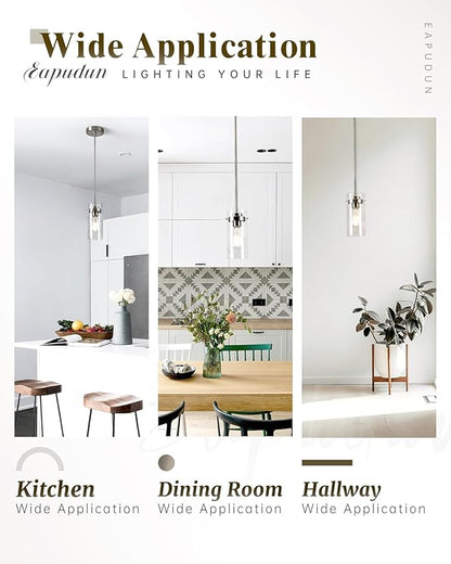 EAPUDUN Pendant Lights Kitchen Island (3 Pack), Clear Glass Shade Kitchen Lighting fixtures Ceiling Hanging, Brushed Nickel Light for Kitchen Island,Dining Room,Corridor Bedroom E26 Base