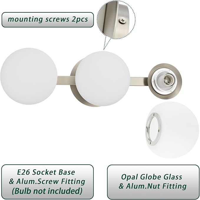 Bathroom Vanity Light Fixtures, Modern 3 Lights Globe Wall Sconce Lighting Brushed Nickel, Porch Wall Mount Light Fixture for Bathroom, Mirror Cabinets Hallway Stairs