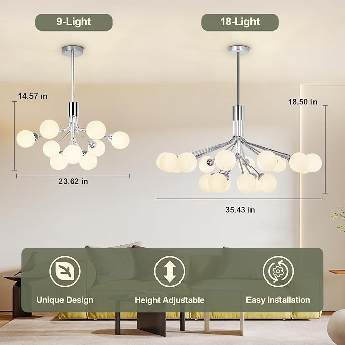 Depuley Glass Ball Sputnik Chandelier: 9-Light Modern Mid Century Chrome Chandelier Dining Room - 23.6" Globe Chandelier Light Fixture Height Adjustable Kitchen Over Table (Included G9 Bulbs)