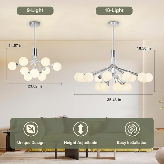 Depuley Glass Ball Sputnik Chandelier: 9-Light Modern Mid Century Chrome Chandelier Dining Room - 23.6" Globe Chandelier Light Fixture Height Adjustable Kitchen Over Table (Included G9 Bulbs)