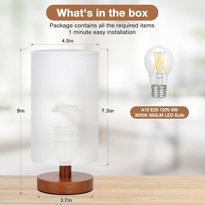 Fenmzee Small Table Lamp for Bedroom - Inline Control, Bedside Lamp with 3000K A15 LED Blub, Easy Assembly (White Shade - Walnut Base, 9" Inline Control)