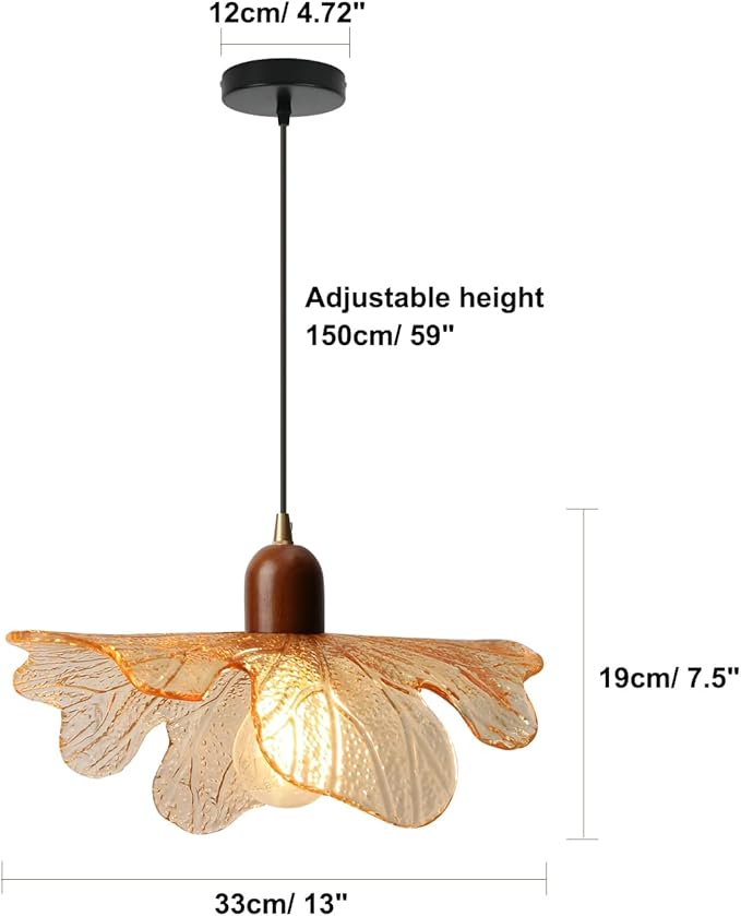 Amber Glass Pendant Light Vintage Kitchen Island Over Hanging Lights 13-inch Glass Shade Natural Wood Chandelier for Living Room Dining Room Bedroom, 1-Light