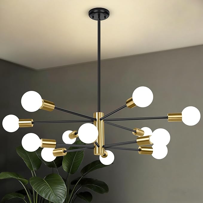 BesLowe 31'' 12-Light Modern Sputnik Chandelier, Mid Century Black & Gold Chandeliers Lighting, Farmhouse Ceiling Hanging Light Fixture for Dining Room Bedroom Room Kitchen Foyer, Height Adjustable