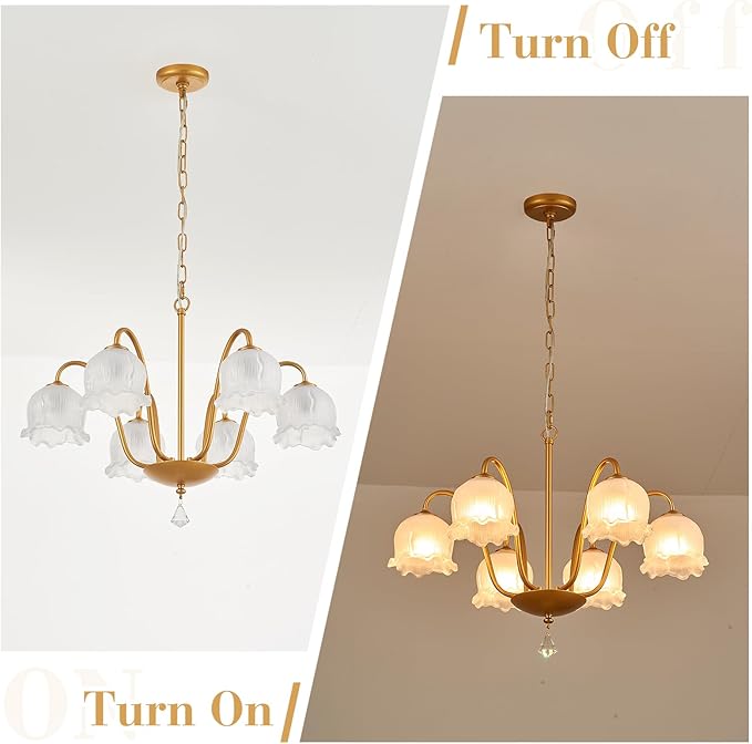 Modern Glass Chandelier Gold Flower Lamp Glass Shades Ceiling Pendant Light Fixture 6 Lights Luxury Large Chandeliers for Dining Room Bedroom Entryway