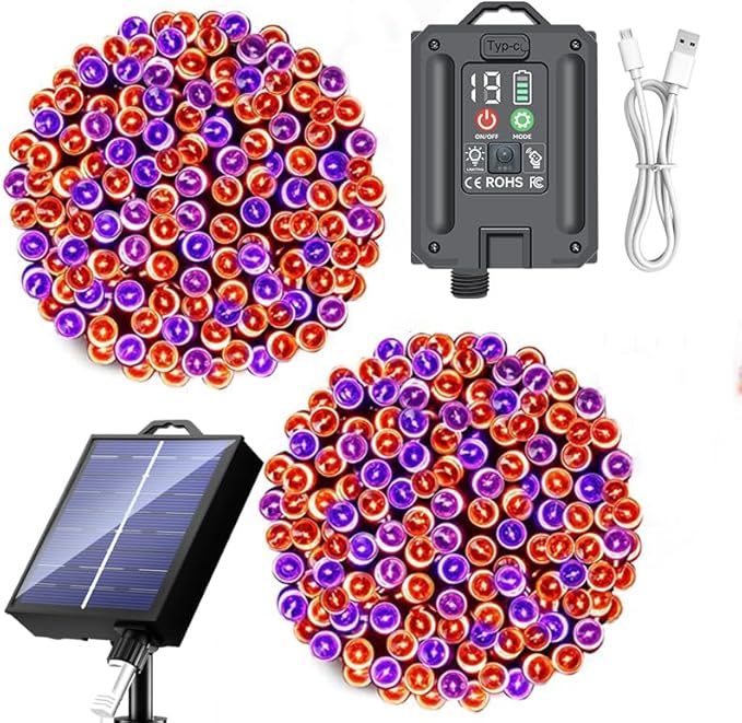 New Upgraded Orange and Purple Solar Halloween Lights, 19 Modes 2 Pack Total 144FT 400 LED Solar String Lights Outdoor Waterproof Solar & USB Rechargeable for Halloween Decorations, Orange & Purple