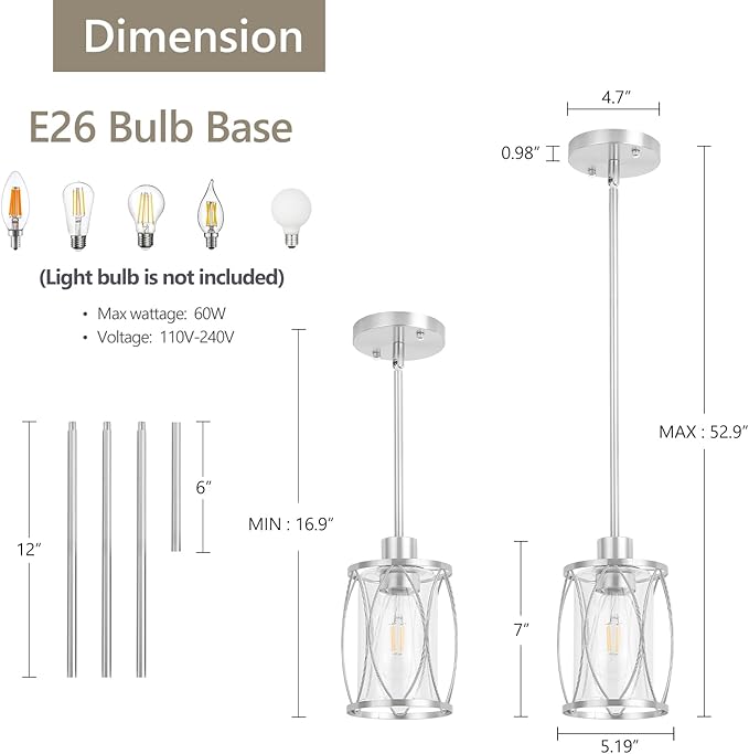 Glass Pendant Lights Kitchen Island Brushed Nickel Pendant Light Fixtures Adjustable Farmhouse Mini Hanging Light with Clear Glass for Sink Dining Room Foyer Entryway Bar, 3 Pack