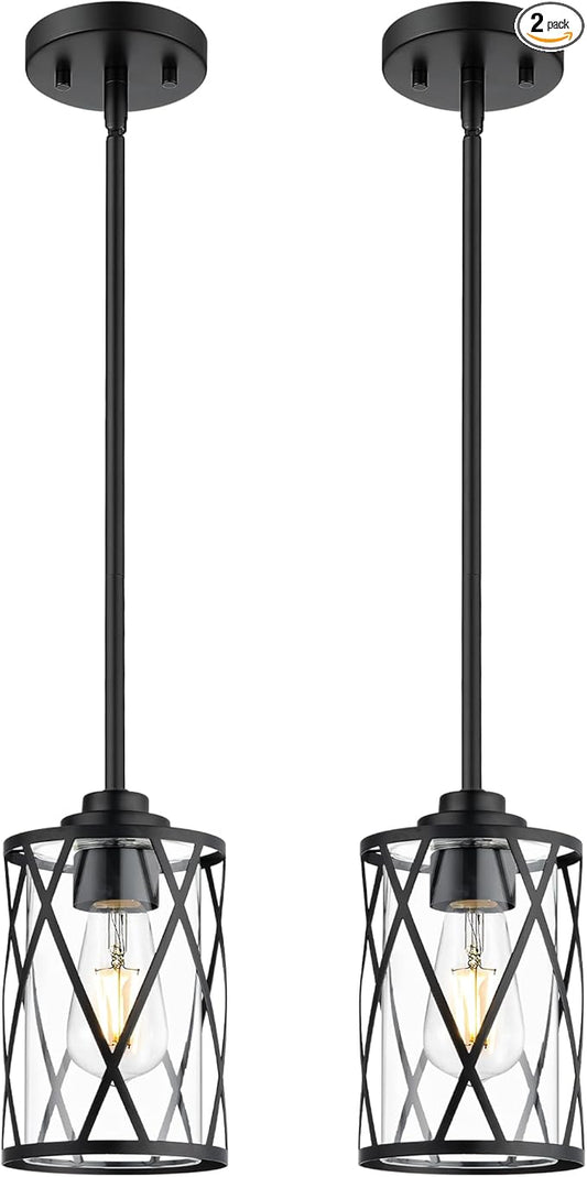 Beionxii 2 Pack Glass Pendant Lights Kitchen Island, Black Modern Kitchen Pendant Lighting Over Island, Farmhouse Industrial Cage Hanging Lighting with Clear Glass for Sink, Dining Room, BX-PL07BK-2PK