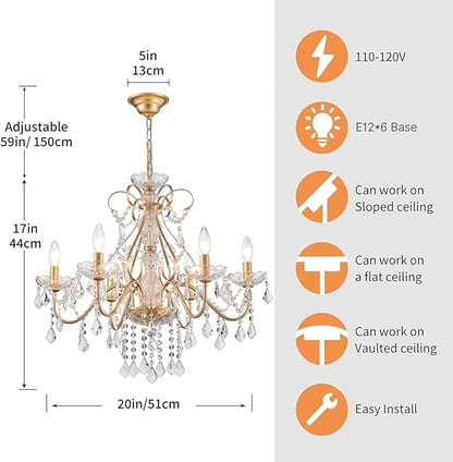 AGV LIGHTING Crystal Chandelier Gold 6-Light Candle Style Chandelier Lighting with Clear Crystal Pendants Elegant Dining Room Chandelier Light Fixture for Bedroom Living Room Foyer