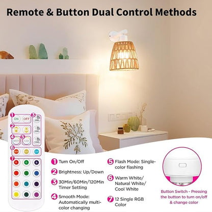 Battery Operated Wall Sconce Set of 2, Boho USB Rechargeable Wall lamp, White Farmhouse Rattan Sconce Lighting with Remote, RGB 15 Colors Modes Rechargeable Wall Lights for Bedroom Livingroom Hallway