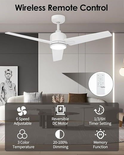 Newday 52 Inch White Ceiling Fan with Lights and Remote, Modern DC Motor Ceiling Fan with 3 Reversible White/Natural Wood Blades, 3CCT Dimmable LED, 6 Speeds, Quiet Fan for Nursery, Bedroom, Patio