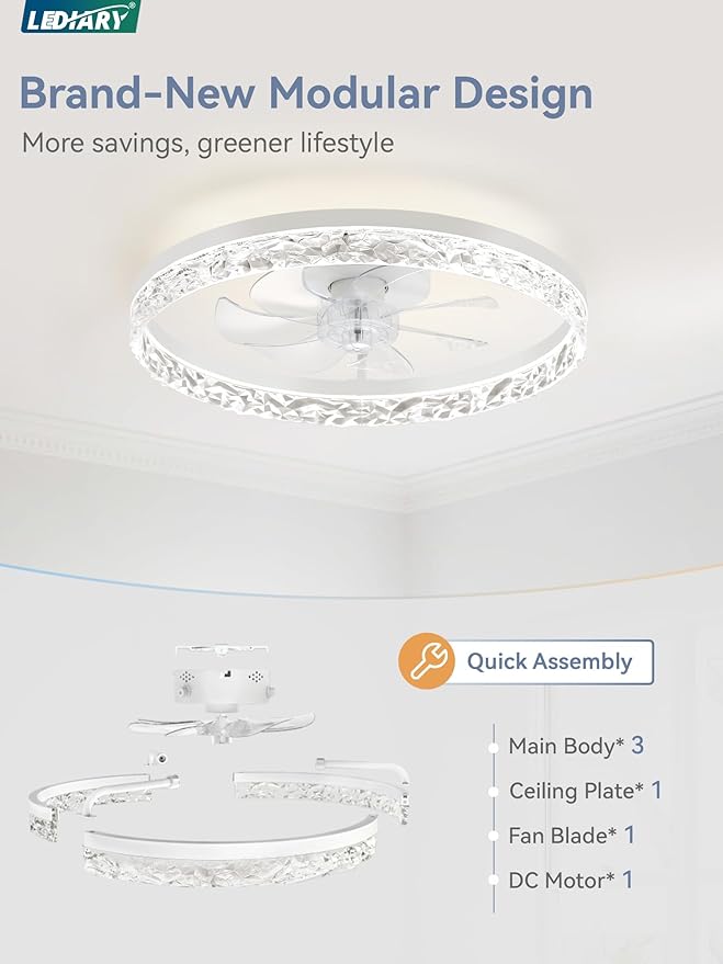 LEDIARY 20" Modern Ceiling Fans with Lights and Remote, Dimmable Low Profile Ceiling Fan, Flush Mount Ceiling Fan, Stepless Color Temperature Change and 6 Speeds - White