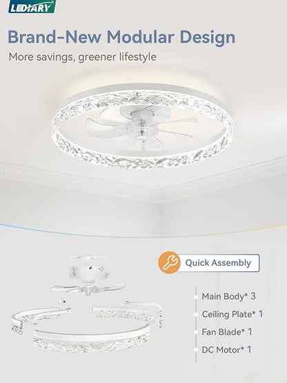 LEDIARY 20" Modern Ceiling Fans with Lights and Remote, Dimmable Low Profile Ceiling Fan, Flush Mount Ceiling Fan, Stepless Color Temperature Change and 6 Speeds - White