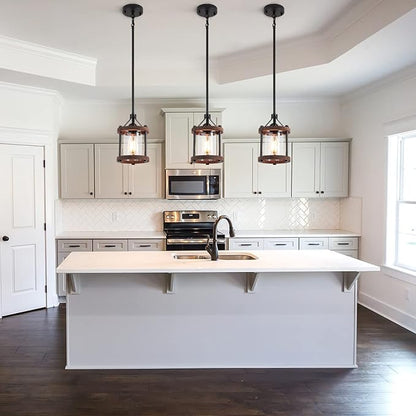 SGLfarmty Farmhouse Pendant Light for Kitchen Island, 1 Pack Rustic Black and Wood Light Fixtures with Glass Shade, Blown Pendant Lamps Over Table, Farmhouse Hanging Light for Dining Room, Sink, Bar