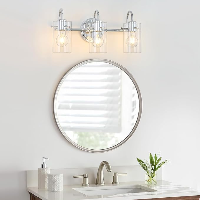 3 Lights Vanity Light, Polished Chrome Bathroom Wall Light Fixture Over Mirror, Modern Wall Sconce with Clear Glass Shade, Farmhouse Mount Lamp for Washroom, Living Room, Workshop