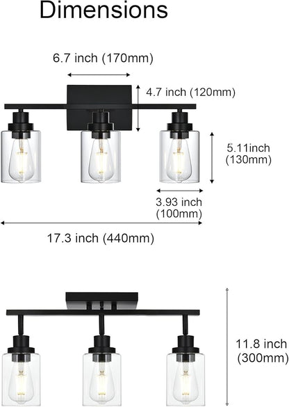 3-Light Track Lighting Kit Black Track Lighting Fixtures Bathroom Wall Sconces Ceiling Mount Kitchen Tracking Lights, Rotatable Spotlight with Clear Glass Shade for Kitchen Shop Hallway