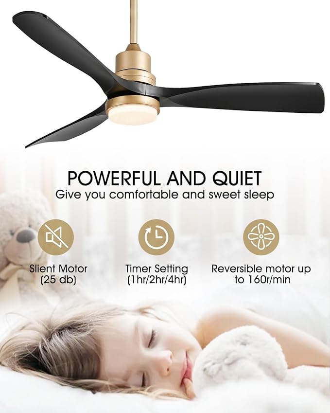 52" Modern Black and Gold Ceiling Fan with Lights and Remote, ETL Listed, 3 Downrods, 3 Wood Blade Gold Black Ceiling Fans, Reversible Quiet DC Motor, 3 Timer for Outdoor Patio Bedroom,52in,Black Gold