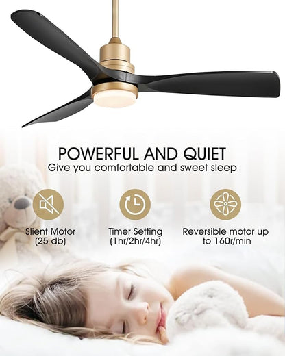 52" Modern Black and Gold Ceiling Fan with Lights and Remote, ETL Listed, 3 Downrods, 3 Wood Blade Gold Black Ceiling Fans, Reversible Quiet DC Motor, 3 Timer for Outdoor Patio Bedroom,52in,Black Gold