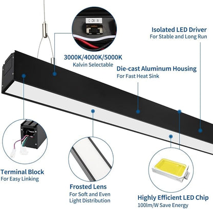 DAKASON 4FT Linkable LED Linear Light, 35W Down 15W Up Light, 3/4/5000K CCT Selectable, Dimmable Suspended Lighting for Billiard Pool Table, Commercial Linear Lighting Fixture for Office, 1Pack Black