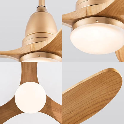 52 inch Champagne Gold Luxury Style Ceiling Fan with Light Solid Wood Blade Noiseless Reversible Motor Dimmable Light Memory Living Room and Bedroom Ceiling Fan (Golden04) (Gold)