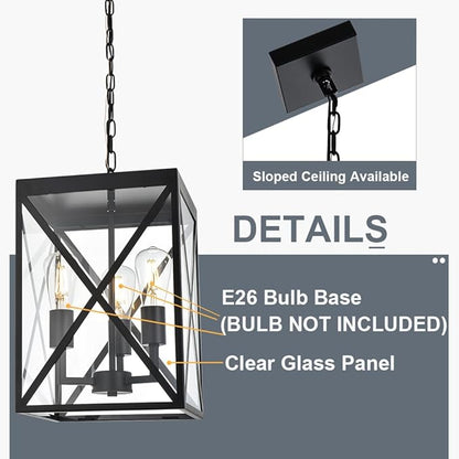 TODOLUZ Large Outdoor Porch Light Adjustable Chain, 3-Lights Modern Outdoor Pendant Lighting in Matte Black Finish, Outside Ceiling Mount Lamp for House Front Door Porch Patio Entryway