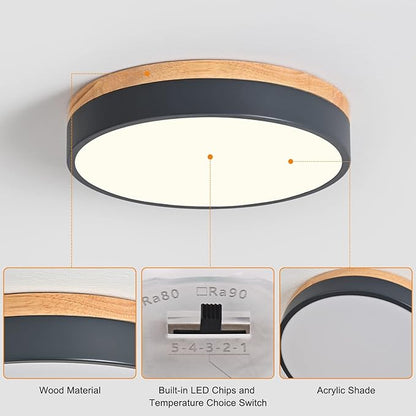 Yiisem Dimmable Wood LED Flush Mount Ceiling Light, 5CCT 2700K-6000K Modern Round Close to Ceiling Lighting Fixtures, Minimalist Grey Ceiling Lamp for Bedroom, Kitchen, Laundry Room, Hallway