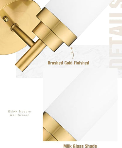Emak Wall Sconces Set of 2, Modern Brushed Gold Bathroom Vanity Sconce Wall Lighting with Milk Glass Shade for Bathroom, Bedroom, Living Room, Hallway, WS085-BGD-ML-2PK
