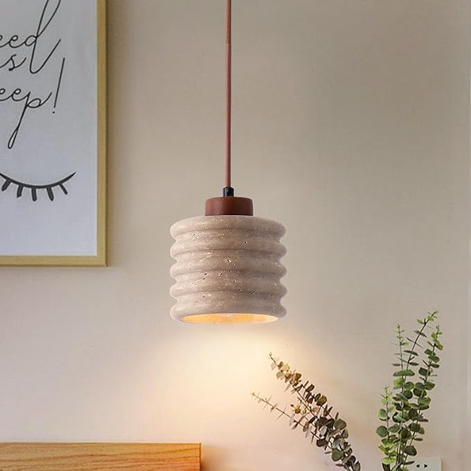 Stone Pendant Light - Nordic Wabi Sabi Lamp, Yellow Travertine Wabi Sabi Chandelier for Dining/Cafe/Restaurant, Adjustable Cord Stone Light for Indoor Use