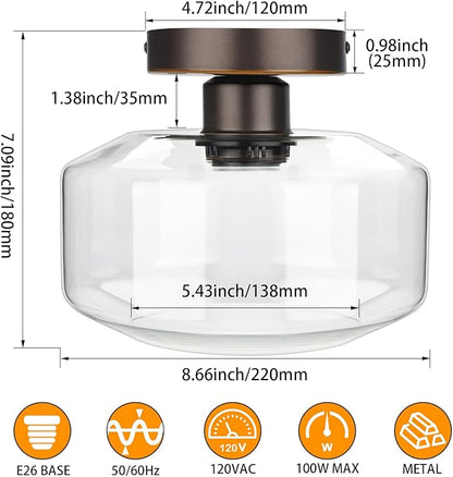 MAXvolador Industrial Semi Flush Mount Ceiling Light, Clear Glass Pendant Lamp Shade, Oil Rubbed Bronze Farmhouse Lighting, Hanging Light Fixture