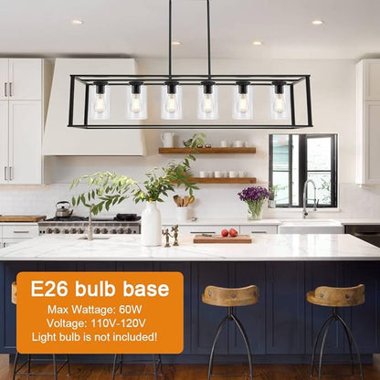 6-Light Chandeliers Black Finished Farmhouse Dining Room Lighting Fixtures Hanging Industrial Modern Kitchen Island Pendant Lighting with Clear Glass Ceiling Lights for Restaurant Bar Hotel