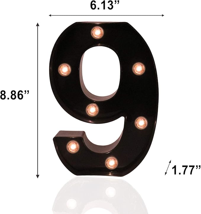 Light Up Black Alphabet Marquee Number Sign LED Marquee Number Lights Sign for Night Light Home Bar Christmas Lamp Birthday Party Wedding Decoration 9