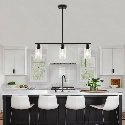 Modern Island Lights for Kitchen, Clear Glass Pendant Lighting Over Island Kitchen Hanging Light Fixtures 3-Light Black Farmhouse Chandelier for Dining Room Foyer Living Room