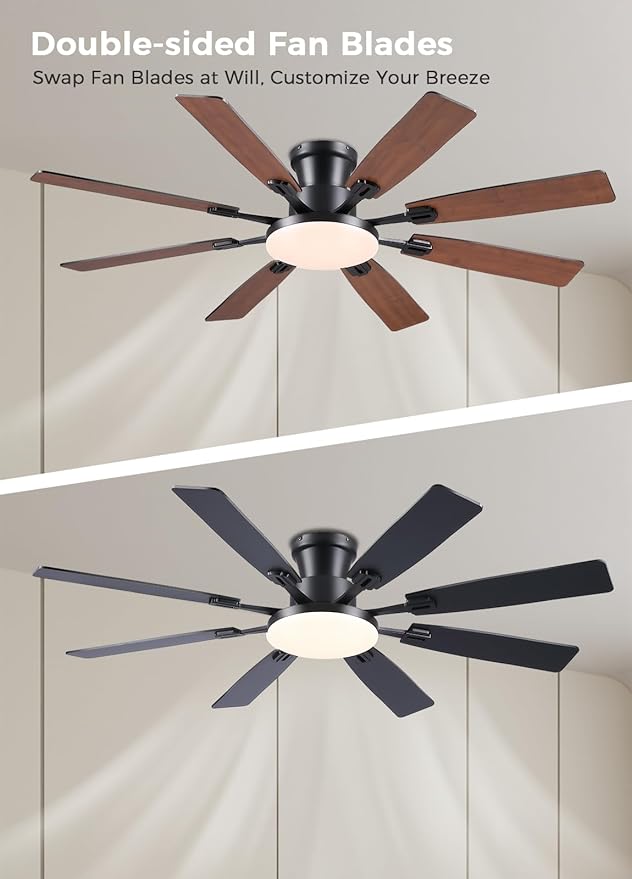 JSAITEE 60Inch Ceiling Fan with Lights and Remotes, Large Low Profile Flush Mount Ceiling Fans,DC Reversible Motor, 3CCT Dimmable,Noiseless,Dual Finish, Brown 6 Speeds Ceiling Fan for Indoor/Outdoor