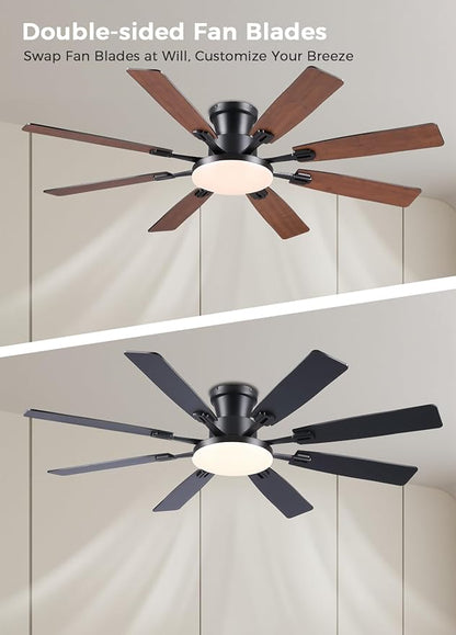 JSAITEE 60Inch Ceiling Fan with Lights and Remotes, Large Low Profile Flush Mount Ceiling Fans,DC Reversible Motor, 3CCT Dimmable,Noiseless,Dual Finish, Brown 6 Speeds Ceiling Fan for Indoor/Outdoor